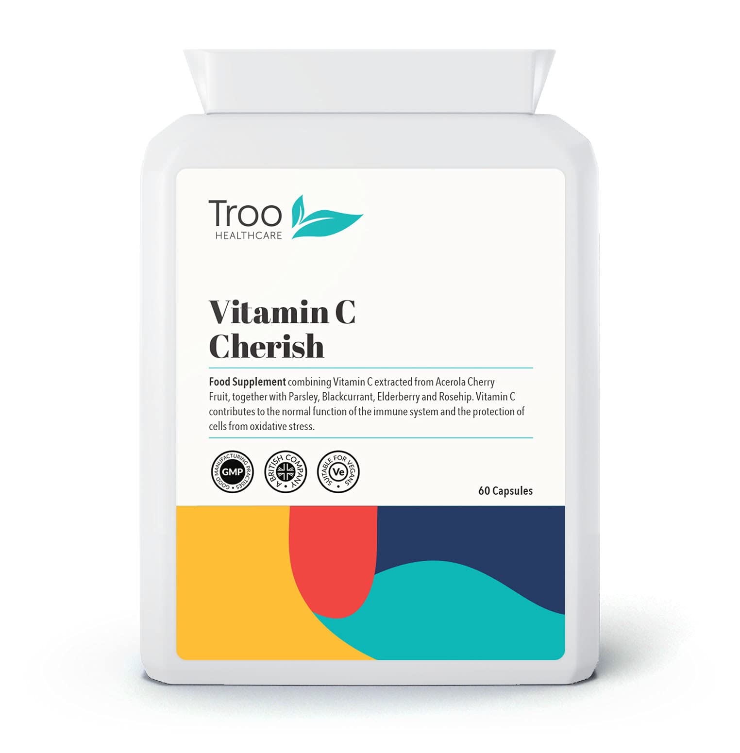 Troo Health Care Vitamin C Cherish 60 Capsules - Natural Food Vitamin C Immune Support & Fatigue Reduction Supplement Containing Acerola Cherry and Elderberry - UK Manufactured