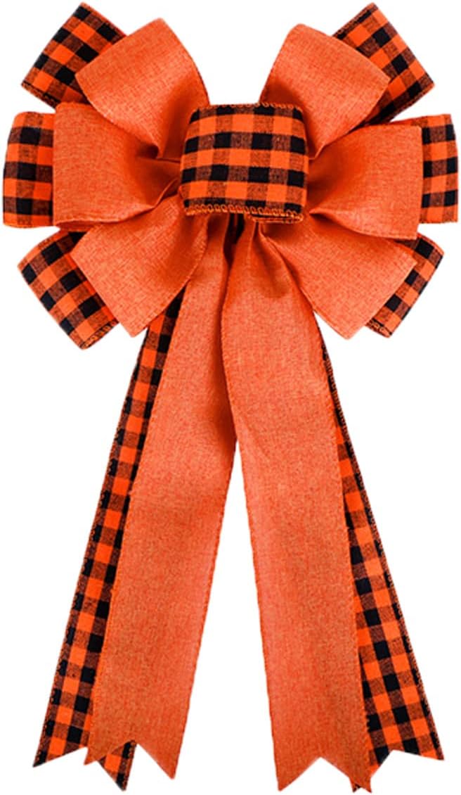 Bows & Ribbons - Black Orange Buffalo Plaid Bow Thanksgiving Wreath Bow Orange Fall Bow Large Fall Gift Burlap Bow for Thanksgiving, Fall, Christmas, Front Door Wreath, Tree Topper, Home Indoor Outdoor Decorations