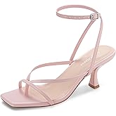 LOOPCHARM Women's Kitten Heel Strappy Open Square Toe Thong Ankle Strap Heels for Wedding