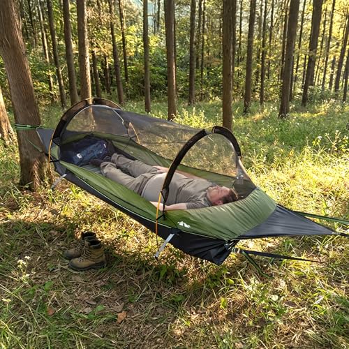 Night Cat Hammock Tent with Flat Base for 1 Person with Mosquito Net Waterproof Cover and Additional Storage Space Hiking Camping in the Garden Backyard Wild