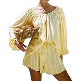 Sotimoon Womens 2 Piece Short Set Oversized Lounge Sets Long Sleeve Top and Shorts Plaid Pajamas Set