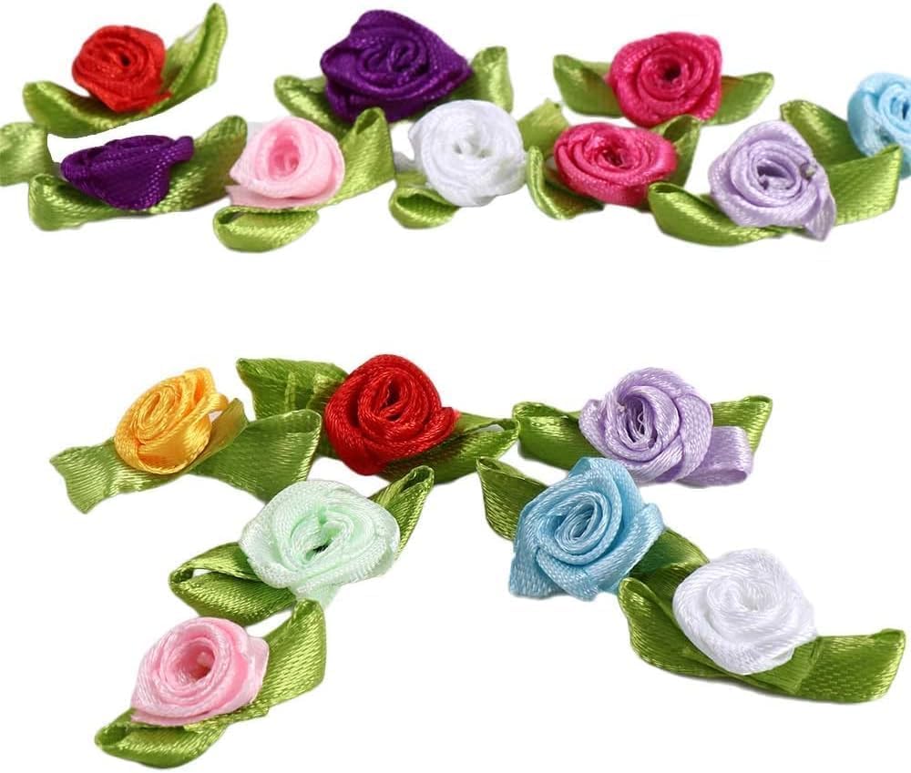 Photo 1 of 100 Pcs Multicolor Mini Ribbon Rose Flower Ornament, Satin Fabric Rose Buds with Leaves, Mixed Color Roses Sewing Appliques Trim and Embellishments for Jacket Skirt Decor Fabric Ribbons Trim