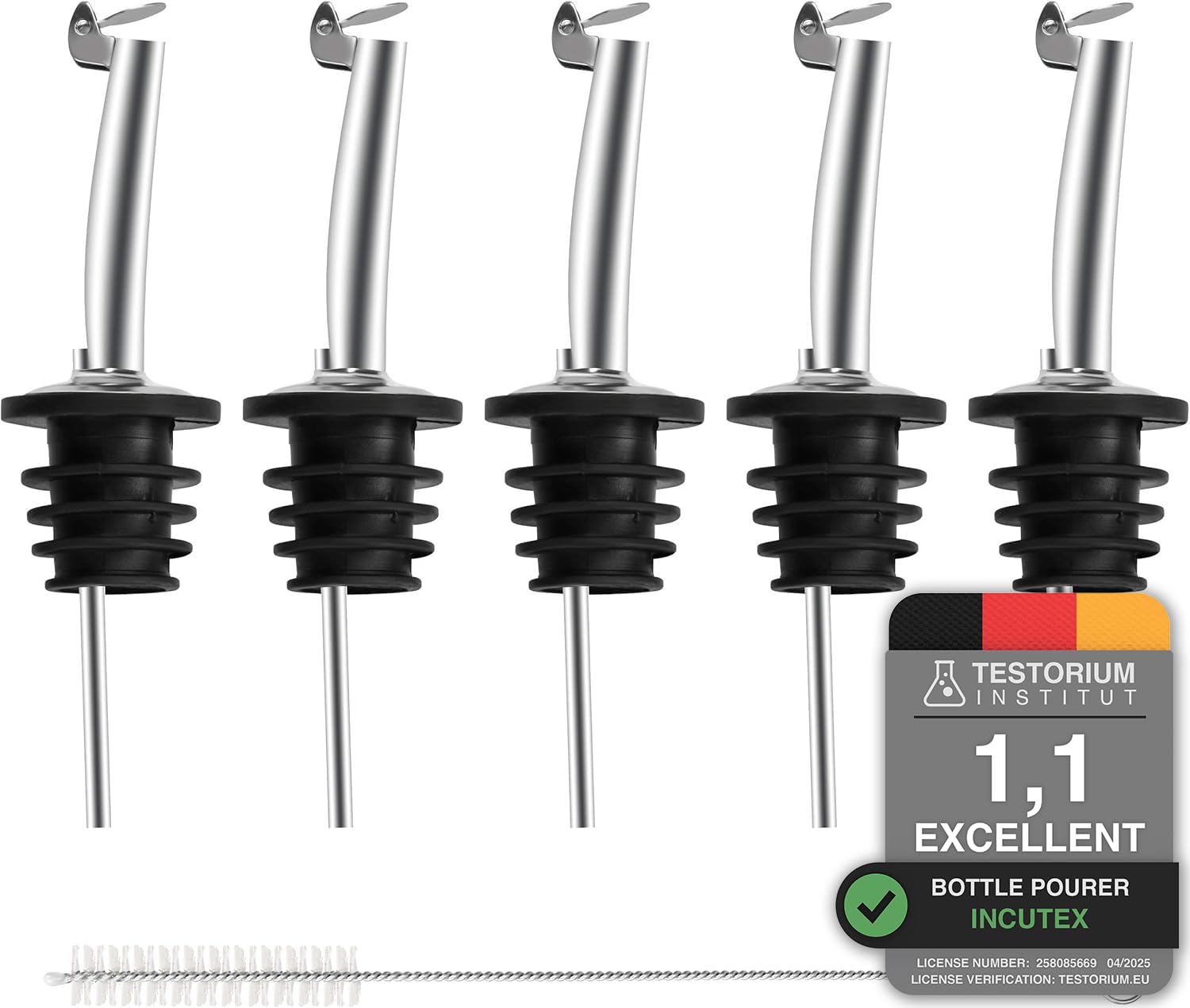 Incutex 5x Bottle Pourers and 1x Cleaning Brush, Pourer with Stainless Steel Lid, Drizzler, Oil Stopper, Bottle Spout, Spirits Wine Liqueur Vinegar Pourer