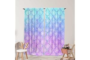 Yilinata Mermaid Window Curtains for Kids Girls Purple Blue Fairy Fantasy Glitter Scales Baby Room Bedroom Nursery Toddler Rod Pocket Drapes Home Decor Durable Fabric 84 in x 84 in