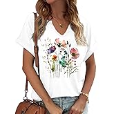 PUCKOLITY Vintage Flowers V Neck Shirt for Women Boho Floral Wildflowers Graphic Tee Casual Cottagecore Summer T Shirt