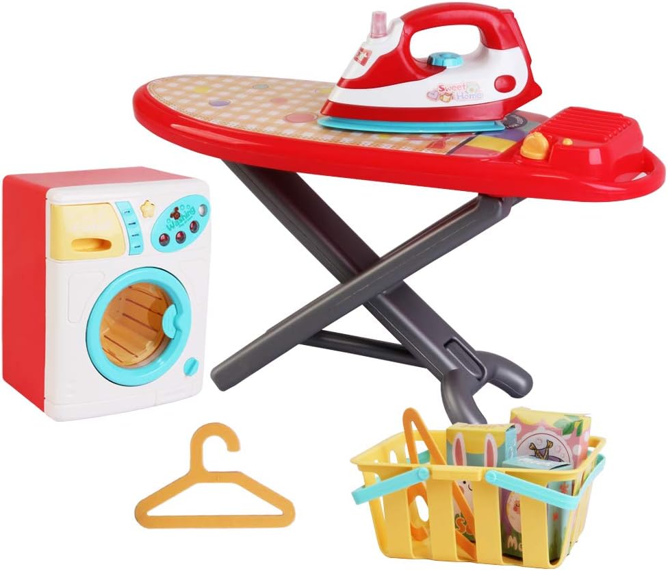 deAO Tareas del Hogar PlaySet de Lavandería “Hora de la Colada” Incluye Accesorios, Lavadora, Tabla de Planchar y Plancha con Efectos de Luz y Sonido – Color Rosa
