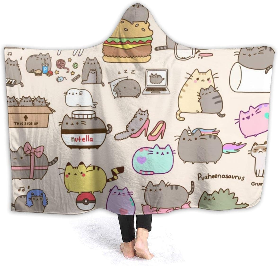 Pusheen Lady Cat Wearable Blankets, 3D Printed Soft Hooded Blanket Fit for Kids, Adults, Teens