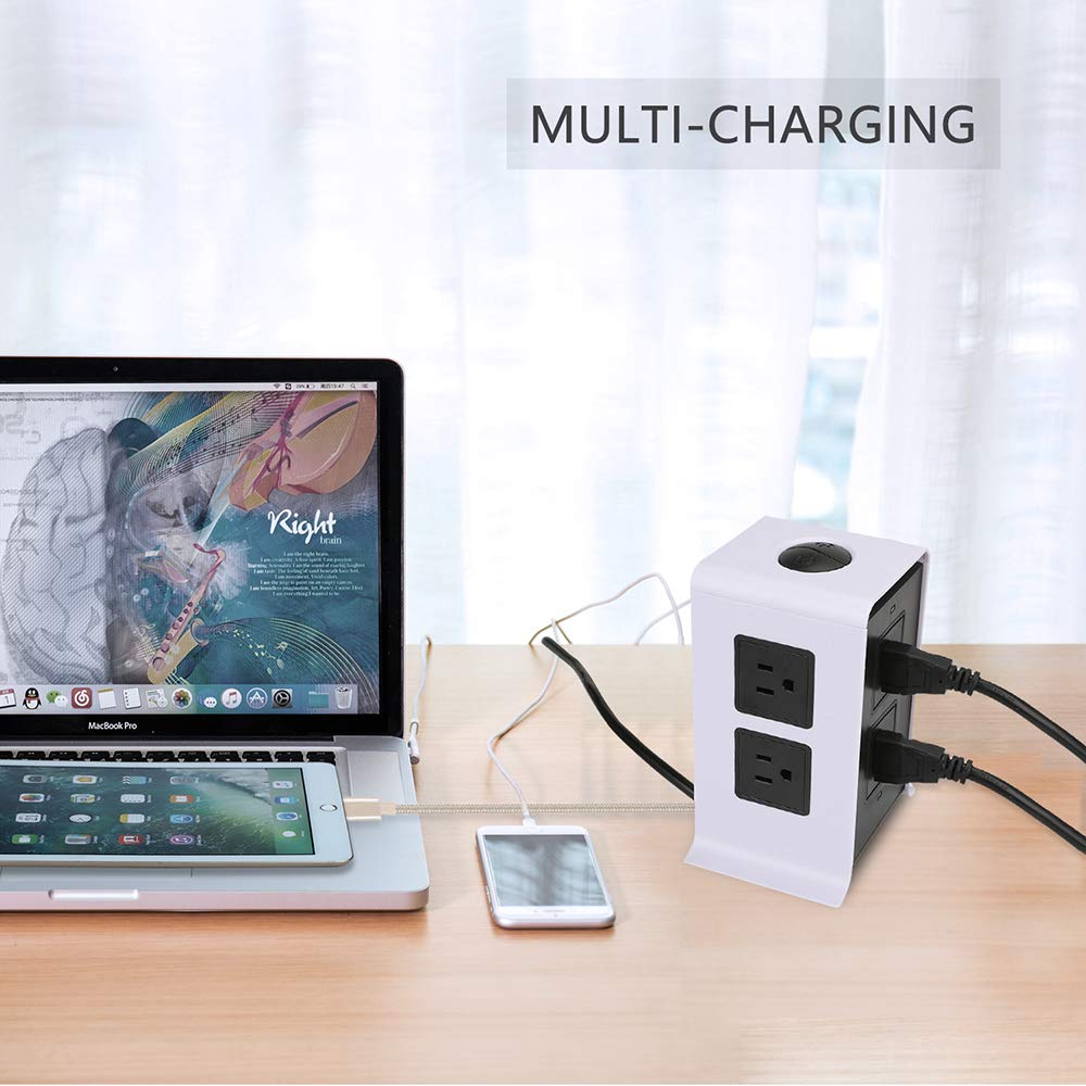 Power Strip Tower Surge Protector Electric Charging Station 10Ft Cord Wire Extension 3000W 13A 16AWG 8 Outlet Plugs with 4 USB Slot Universal Socket for PC Laptops Mobile