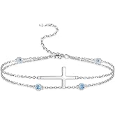 Sterling Silver Cross Birthstone Bracelet: Women Cross Month Stone Double Layer Chain Bracelet Birthday Gift