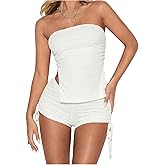GORGLITTER Women's 2 Piece Outfits Strapless Ruched High Slit Tube Top and Drawstring Side Shorts Set