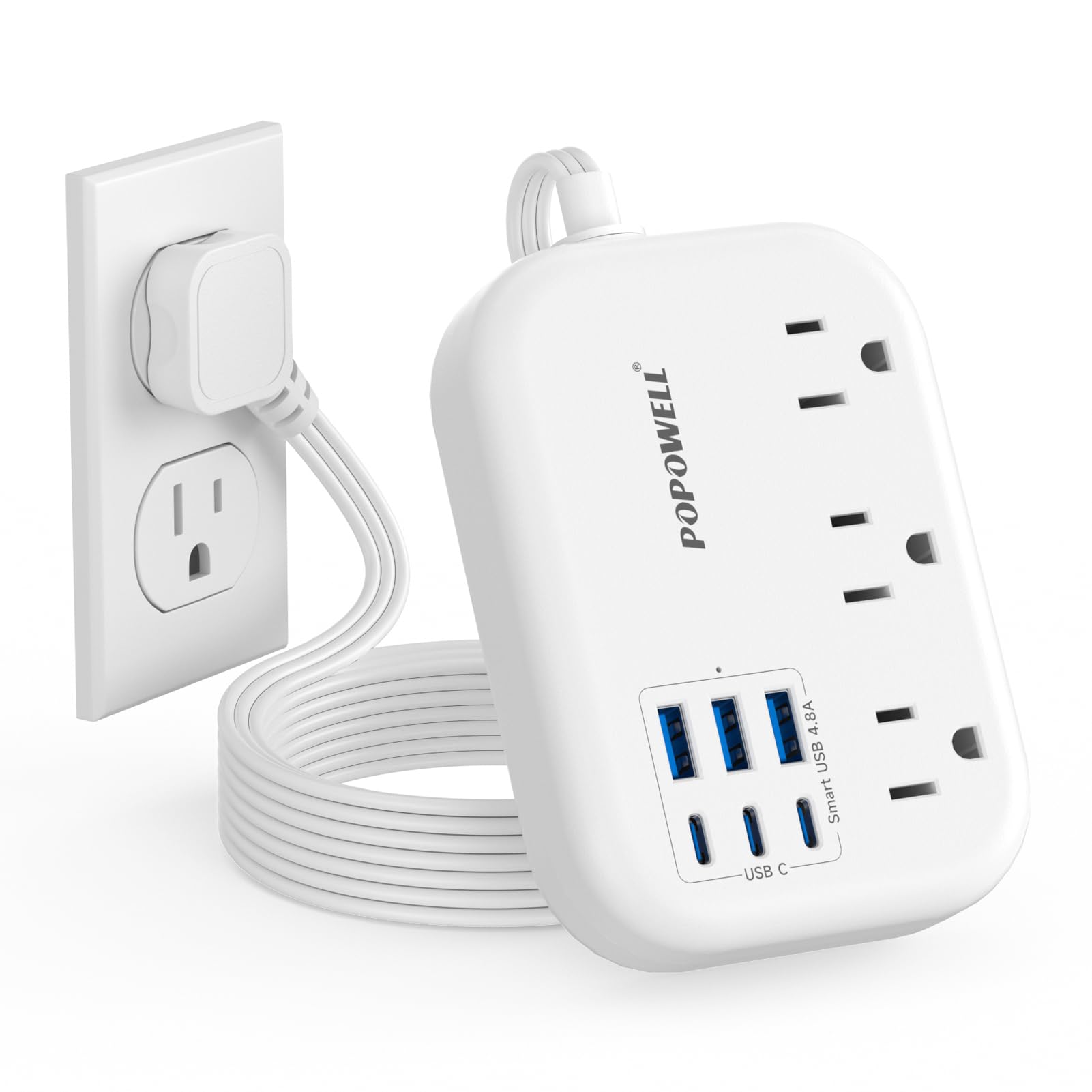 Photo 1 of 3 FT White Extension Cord, Small Flat Plug Power Strip with 6 USB Wall Charger (4.8A 24W), 3 Prong Mini Charging Station, Short Outlet Extender with 3 Outlets for Indoor Office Home Cruise Essential.