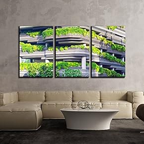 3 Piece Canvas Wall Art - Modern Building with Plants - Modern Home Art Stretched and Framed Ready to Hang - 16"x24"x3 Panels