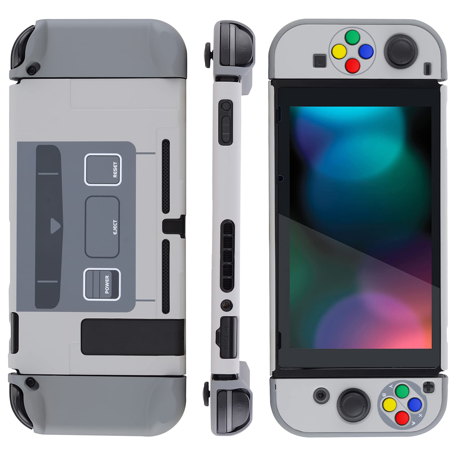 eXtremeRate PlayVital Back Cover for Nintendo Switch, NS Joycon Handheld Controller Protector Hard Shell, Dockable Protective Case with Colorful ABXY Direction Button Caps - SFC SNES Classic EU Style
