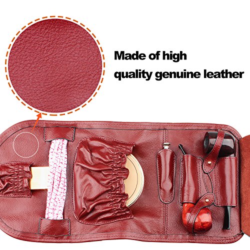 Handmade Genuine Leather Pipe Tobacco Pouch Bag Organize Case Pipe Tool lighter Holder Pocket for 2 pipe Vintage Unisex (Claret)