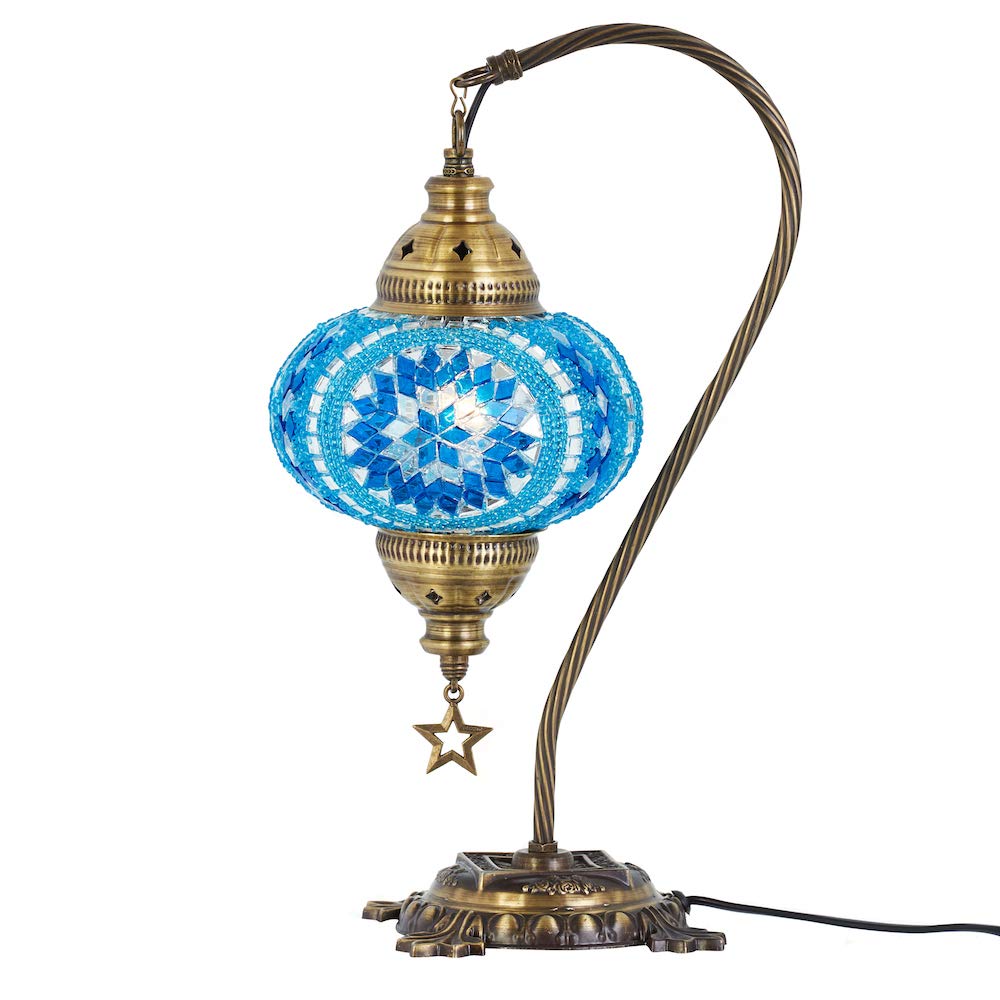 (33 Colors) DEMMEX Turkish Moroccan Mosaic Table Lamp with US Plug & Socket, Swan Neck Handmade Desk Bedside Table Night Lamp Decorative Tiffany Lamp Light, Antique Color Body (19)