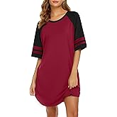 Ekouaer Cotton Nightgowns for Women Short Sleeve Sleep Shirts Crew Neck Night Shirts Soft Color Block Night Gown