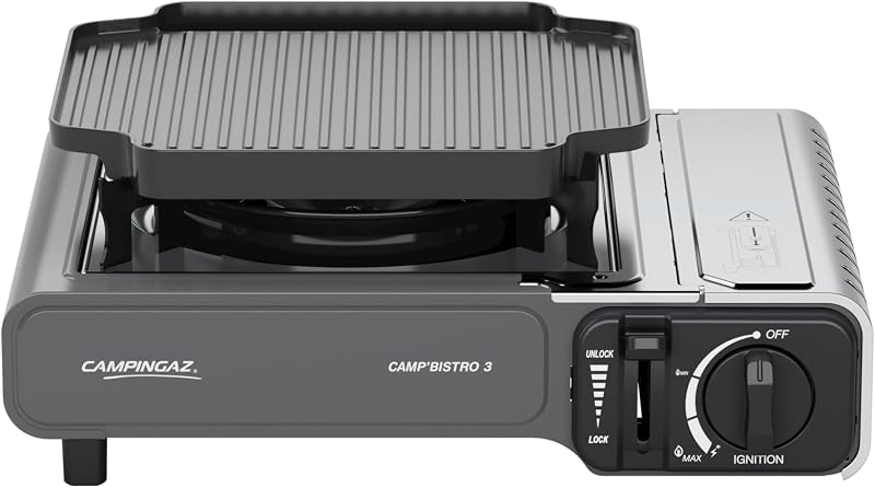 Campingaz Camp Bistro 3 Fogão Combo & Griddle | Fogão de campismo de 1 bico | 2200 watts | Cozinha exterior portátil compacta | Inclui estojo de transporte para facilitar o transporte