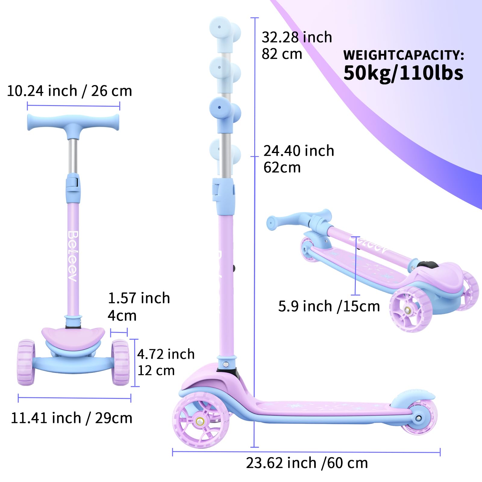 BELEEV A8 Scooter for Kids Ages 3-12, 3 Wheel Folding Scooter for Toddlers Girls Boys, LED Light-Up Wheels, 4 Adjustable Height, Lean to Steer, Extra Wide Wheels, Three Wheel Kick Scooter for Children