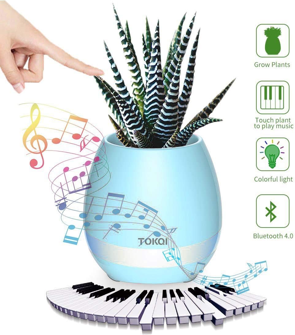 TOKQI Wireless Speakers Touch Control Night Light Breathing LED Musical Flowerpot Smart Plant Pots Play Music by Touching Plants Rechargeable Home Decor Festivel Gift (Blue)