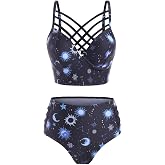 JMSUN Women's Bikini Summer Bathing Suit Sun Star Moon Lattice High Waisted Tankini Swimsuit