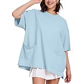 FAIABLE Women Oversized T-Shirt with Pockets Summer Casual Short Sleeve Loose Fit Tee Cotton Shirt Side Slit Crewneck Tops