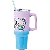 Silver Buffalo Sanrio Hello Kitty and Friends Featuring My Melody, Kuromi, Pompompurin Rainbow Ombre Double Walled Stainless Steel Tumbler with Handle and Straw, Fits in Standard Cup Holder, 40 Ounces