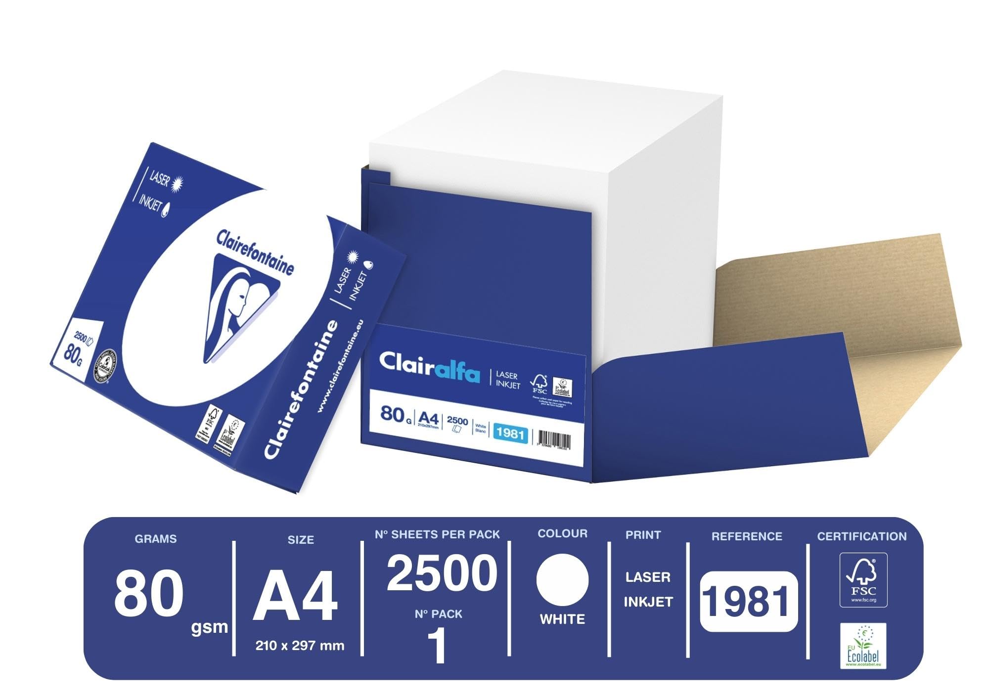 Clairefontaine Clairalfa Paper, A4 80 g, Pack of 2500 Sheets, White