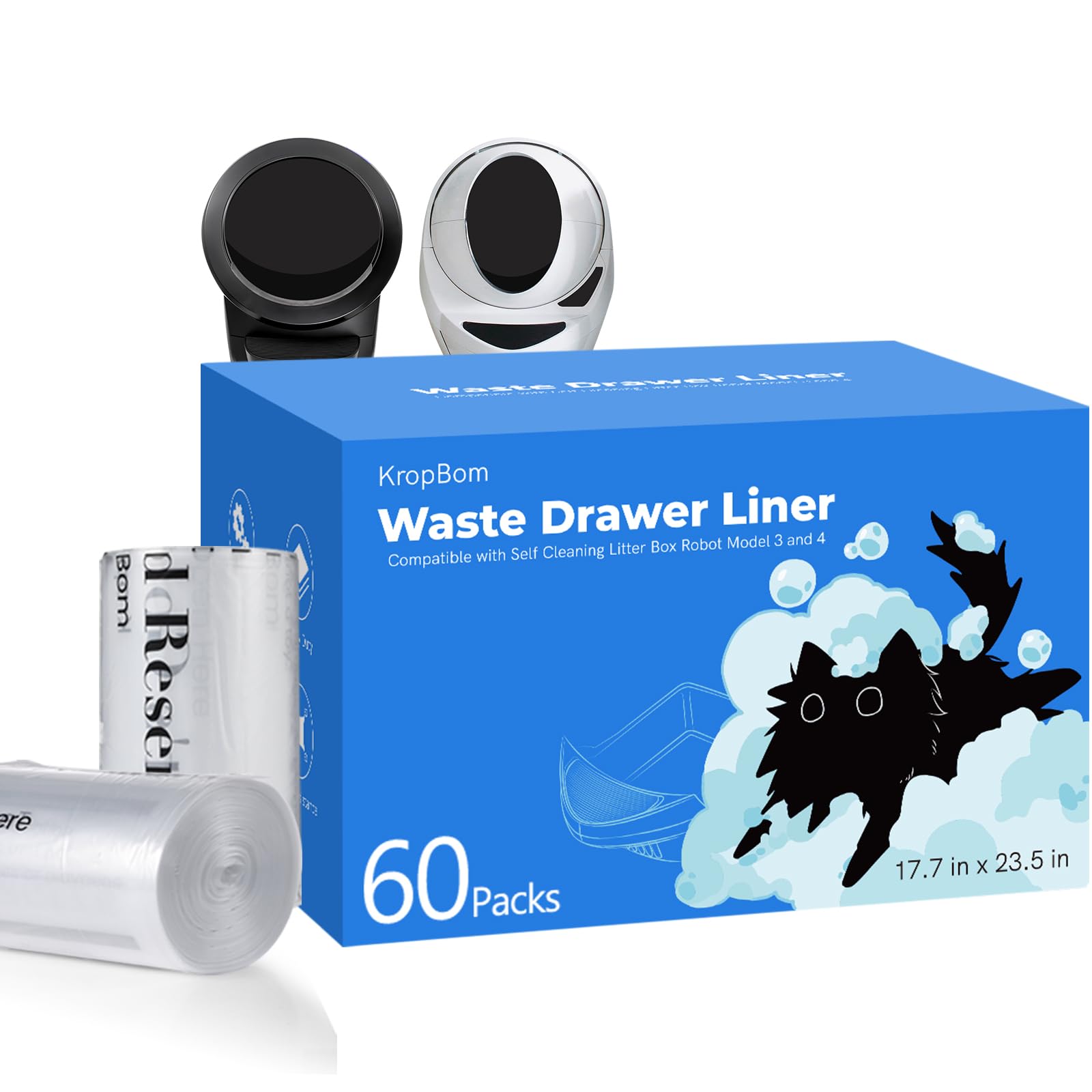 Photo 1 of 60 Pack Litter Box Robot 3 4 Waste Bags, Self Cleaning Cat Litter Box Robot Waste Liner Bags Replacement, Heavy Duty 9-11 Gallons of Capacity