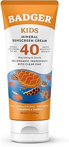 Badger Kids Mineral Sunscreen Cream SPF 40, 98% Organic Ingredients, Zinc Oxide Sunscreen for Kids Face & Body, Water Resista