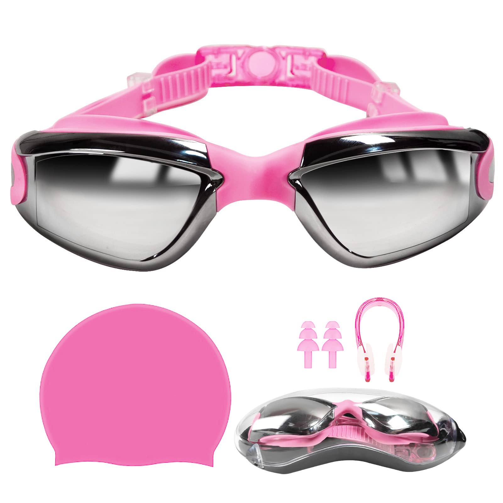 Global-Daily 5-in-1 Swimming Goggles Set – Anti-Fog UV Protection Swim Goggles with Swim Cap, Silicone Earplugs, Nose Clip & Hard Case for Men, Women, Adults and Youth (PINK)