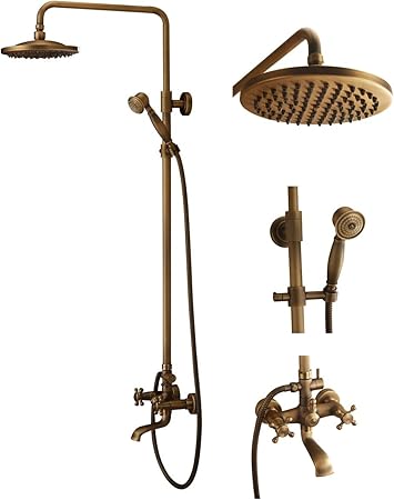Bath Shower Faucet Set Complete Antique Brass Finish Wall Mount