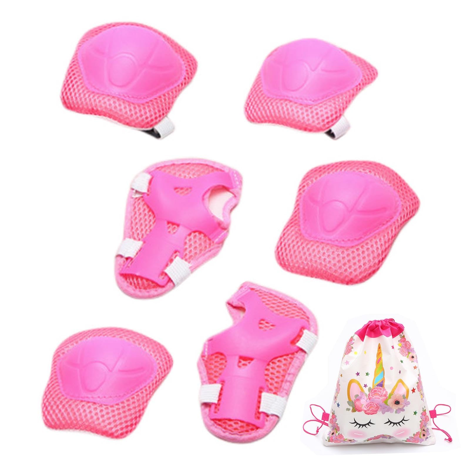 AYNKH 6PCS Kids Knee Pads Wrist Guards Elbow Protective Set with Unicorn Drawstring Bag, 3-12 Years Old Girls Kids Adjustable Comfortable Gear for Roller Skates Scooter Skating Riding Cycling