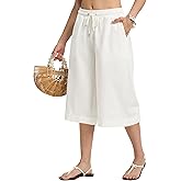 AVICHIC Linen Capri Pants for Women Elastic Waist Drawstrings Casual Wide Leg Linen Pants Women with Pockets