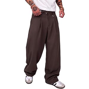 Men's Pleated Wide Leg Dress Pants, Baggy Slacks with Elastic Back Waist | Metal D-Ring Utility Detail Adjustable Hem Finish