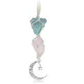 BOHO GARDEN Hanging Car Charm - Amazonite &amp; Rose Quartz - Dangling Moon &amp; Healing Crystal Accessories, Rearview Mirror Decorations - Self-Love, Honesty, Clarity, Connection, Self-Worth, Love, Energy