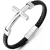COOLSTEELANDBEYOND Men Women Stainless Steel Horizontal Sideway Lateral Cross Black Braided Leather Bangle Bracelet