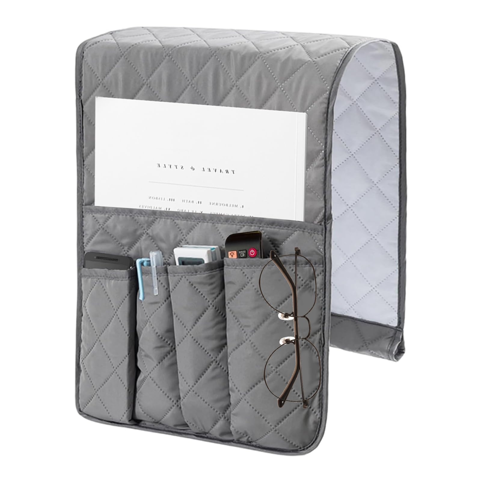 CECOMBINE Sofa Chair Armrest Storage Organizer, Armchair Caddy, Anti-Slip Sofa Organiser, Couch Recliner Remote Control Holder with 5 Pockets for Ipad, Phone, Books, Magazines (Grey)