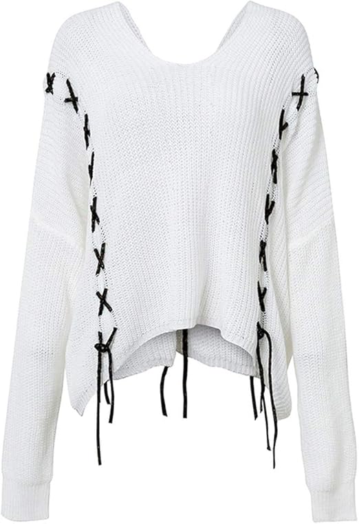 Winter Criss Cross Streetwear Sweater Long Sleeve White Sweaters Lace Up Women Jumpers, White 