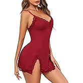Aranmei Womens Lingerie Nightgowns Sexy Lace Trim Side Slit Sleepwear Dress Babydoll Lingerie Chemise