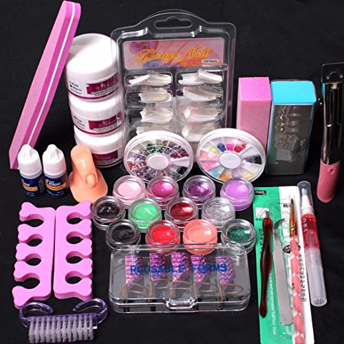 Kinrui Travel Accessories Pro 24 in 1 Acrylic Nail Art Tips Liquid Buffer Glitter Deco Tools Full Kit Set (Colorful)