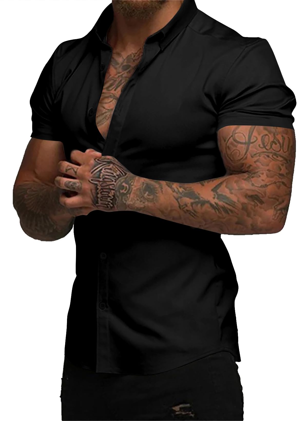 Photo 1 of JMIERR Mens Dress Shirts Muscle Fit Casual Button Down Stretchy Short Sleeve Wrinkle-Free Shirt Summer Beach Shirts,XL,Black