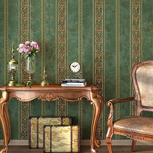 Prior.choice 10X0.53M Vintage Luxury Gold Damask Stripes 8 Colors Embossed Textured Non-Woven Wallpaper Roll for Bedroom Livingroom 1.73' W x 32.8' L=5.3㎡ (57sq.ft) (Olive Green) — image 1