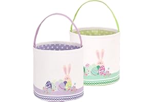 LessMo 2 Pcs Easter Bunny Basket, Green Purple Cotton Canvas Tote Bags, Egg Hunt Gift for Easter Party