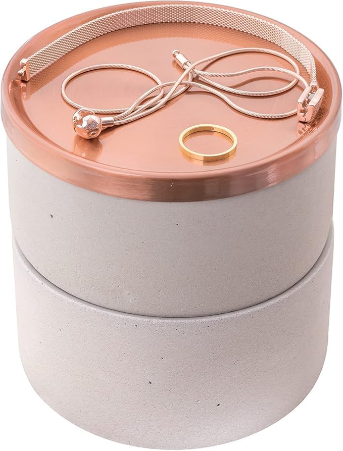 Sasha Morel Round Concrete Jewellery Storage Organiser Case Bowl Trinket Pot with Copper Metal Lid for Small Accessories - Earings Necklace Rings (Single)