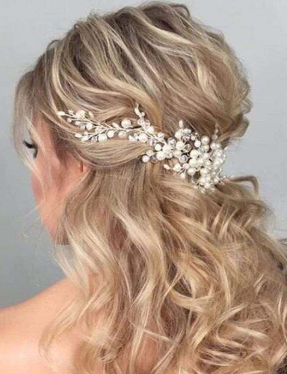 BERYUAN Women Pearl Flower Wedding Hair Accessory Teardrop Silver Rhinestone Crystal Hair Comb Vine Opal Hair Piece Gift for Her Party Headpiece for Bride Bridesmaid Girls(Silver) (Vine)