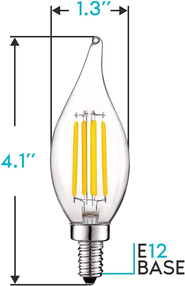 Luxrite Vintage Candelabra LED Bulb 60W Equivalent, 550 Lumens, 3000K Soft White, LED Chandelier Light Bulbs 5W, Dimmable, Flame Tip Clear Glass, Filament LED Candle Bulbs, E12 Base (12 Pack) - - 