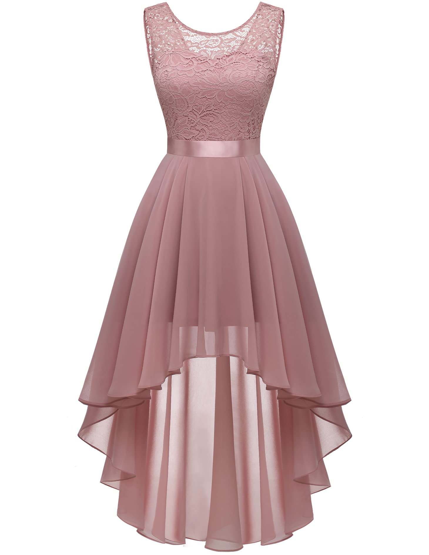Photo 1 of BeryLove Formal Dresses for Women Homecoming Wedding Guest Christmas Cocktail Vacation Prom Dress for Teens Sleeveless Lace Chiffon Floral Bridesmaid High Low Elegant Midi Gowns 35 Blush L