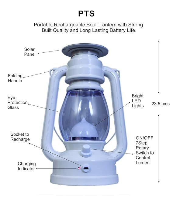 PTS - LED Solar Lantern Emergency Light - Rechargeable, Portable - Travel Camping Lantern - Made in India - Pakiza - White