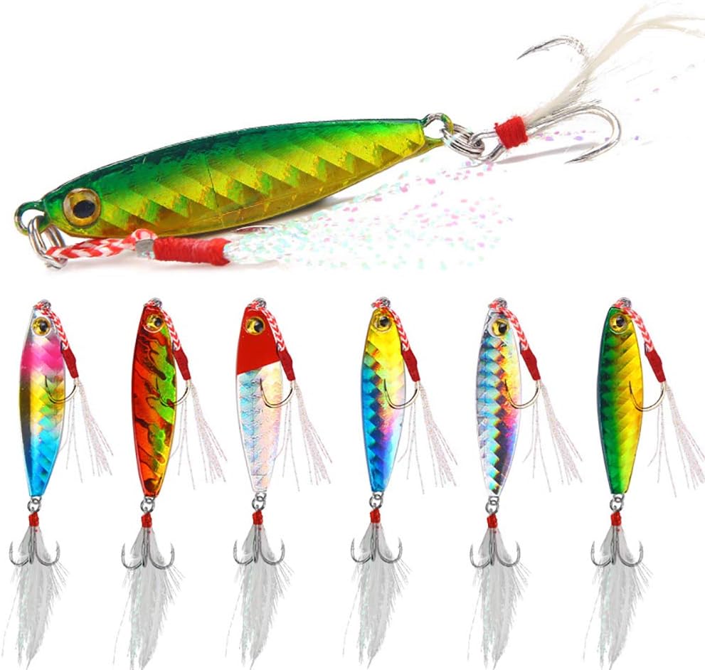 AMHDV Spoon Fishing Lures Fishing Spoons with Feather Treble Hooks for Trout Bass Walleyes Spinner Baits 10g 15g 20g (Pack of 6)