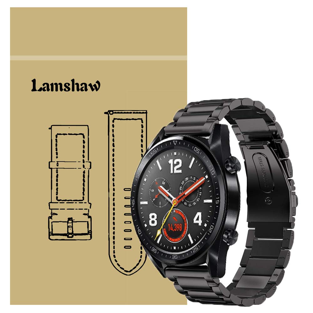 for Huawei Watch GT Band, Lamshaw Stainless Steel Metal Replacement Straps for Huawei Watch GT Smartwatch (Black)